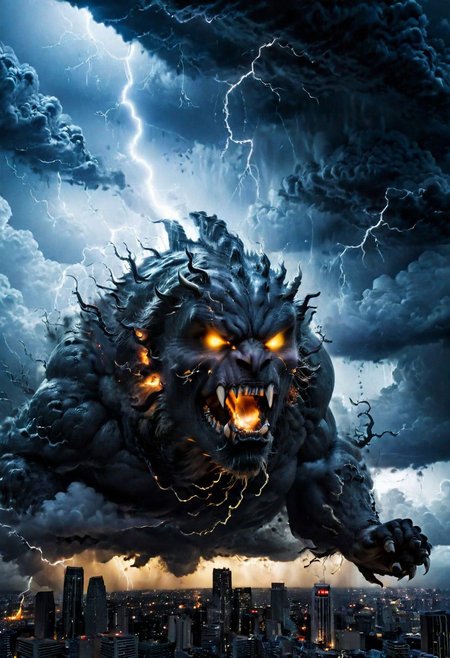 black clouds, rain, lightening, dark, night, ( beast appears from the rolling cloud), The beasts looks down as he towers above the city below,  nightmare