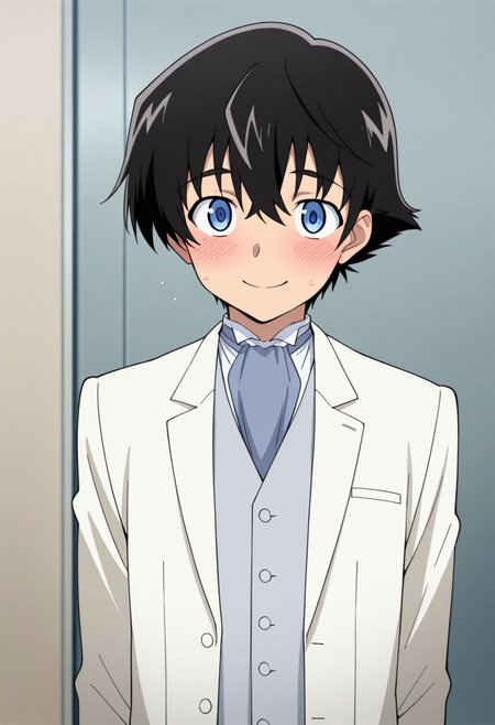 masterpiece,best quality,amazing quality, source_anime, 
YukiteruAmano, 1boy, male focus, solo, blue eyes, black hair, blue ascot, grey vest, white jacket, open jacket, smile, blush,