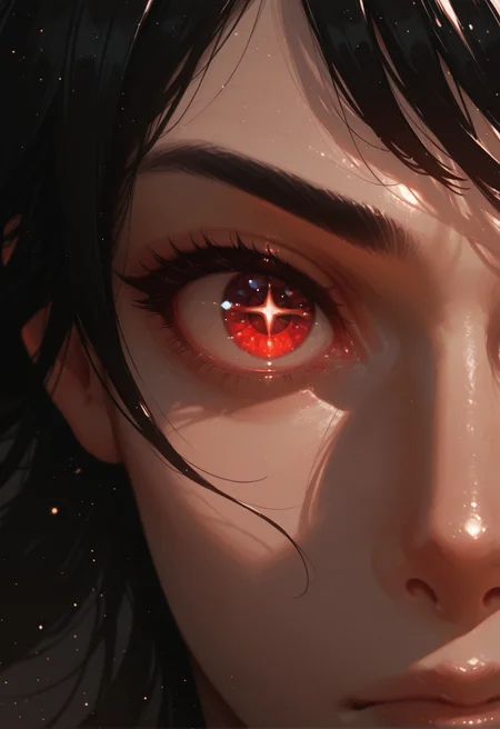 eye focus, eyelashes, close-up, solo, , red eyes, looking at viewer, black hair, light particles, 1girl, eye reflection,  +_+,  cross_pupils, masterwork, masterpiece, best quality, , dynamic pose,,  dynamic angle, , , (realistic:1.2), (lineless:1.2), detailed, <lora:Detailer_NoobAI_Incrs_v1:0.75>, , aged up, adult, depth of field, , blurry, cheekbones, dynamic lighting