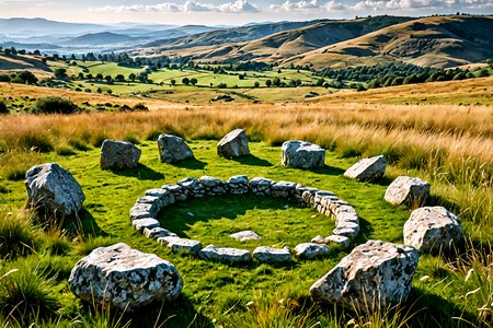 Stable_Yogis_PDXL_Positives,<lora:sdxl_lightning_8step_lora:1>,Capture the mystery of ancient stone circles set in a rugged landscape, surrounded by wild grasses and distant hills, The stones tell a story of history and connection to the earth,âââ
