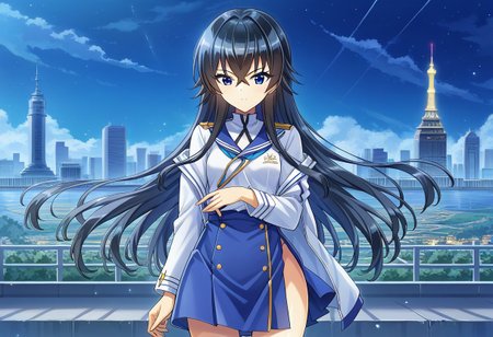 score 9, score 8 up, source anime, masterpiece, best quality, detailed eyes, detailed face, cowboy shot, outdoors, cityscape, night sky, 
Otsuki Hagane, blue eyes, black hair, hair between eyes, very long hair, small breasts,