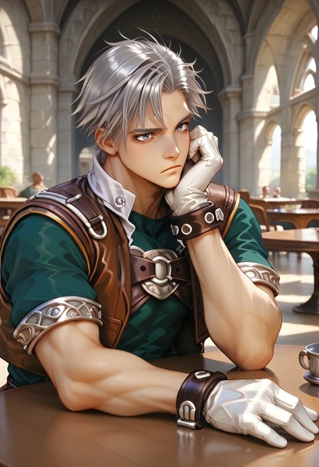 score_9, score_8_up, score_7_up, male focus, toned male, natgra2, gray eyes, short hair, silver hair, steel greaves, plated footwear, brown skirt, black pants, green shirt, brown leather vest, silver belts, white gloves, silver chest plate, indoors, chapel, sitting, table, elbow rest, bored expression