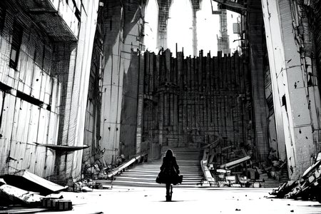 highly insanely detailed, masterpiece, top quality, best quality, highres, 4k, 8k, RAW photo, (very aesthetic, beautiful and aesthetic),  
tsutomu nihei,nihei_tsutomu,blame!,blame gakuen!,abara,TNstyle,sidonia_no_kishi,(megastructure in background,hangar,space,spacecraft,lab,tunnel,giant room,tower,deep horizon,sidonia \(ship\),stairs,city ruins,mausoleum), 
<lora:ABARA:0.8>, 
(1girl:1.3), 
solo focus, 
summer,pure white background,pure purple background,(color bokeh background),âââ