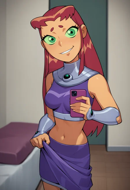 score_9, score_8_up, score_7_up, score_6_up, score_5_up, score_4_up, BREAK, source_anime, source_cartoon,
1girl, solo, expressive, dynamic, starfire, bedroom, selfie, pants pulled down,  skirt pulled up, breasts showing, smirk, seductive, night  <lora:StarfireTTXL:1>