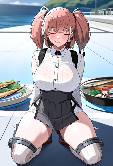 very awa, masterpiece, best quality, year 2024, newest, highres, absurdres, <lora:age_slider_v4:3> <lora:thicc_v1.4-pony:1.2>,detailed_background,outdoors,highres,shirt,brown hair,minigirl,white shirt,plate,saury,aura,absurdres,white thighhighs,kantai collection,multiple girls,helena \(kancolle\),closed eyes,fish,long hair,fairy \(kancolle\),smile,two side up,3girls,kneeling,atlanta \(kancolle\),thighhighs,nwr,mini person,blunt bangs