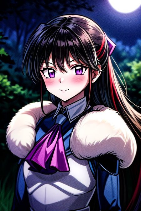 masterpiece,  best quality 1girl Setsun4 solo long hair,  (night time) forest background black hair very long hair purple eyes multicolored hair armor (fur trim) (medium body),<lora:EMS-179-EMS:0.800000>,<lora:EMS-293862-EMS:0.800000> bow, hair_bow, hair_tubes, red_bow, brown_hair, long_hair, bangs, ascot, frilled_bow, yellow_ascot, blush, smile, hair_between_eyes, athletic
