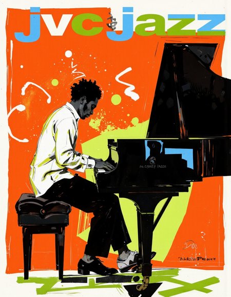 By Martin French. A vibrant and stylized poster featuring a silhouette of a jazz musician playing a grand piano against an abstract orange background. the poster has a bold, black and white color scheme with splashes of green and yellow, creating a dynamic and energetic atmosphere. on the center of the poster, a man with an afro hairstyle, who appears to be in his mid-twenties, is depicted in a dynamic pose, playing the piano with his hands. he is wearing a white shirt and black pants, and his body is positioned in a way that creates a sense of movement and energy. the background is composed of abstract shapes and lines, adding to the overall dynamic feel of the image. the text "jvcjazz" is prominently displayed at the top, with the year "2005" written in a smaller font below it. <lora:Martin_French:0.85>