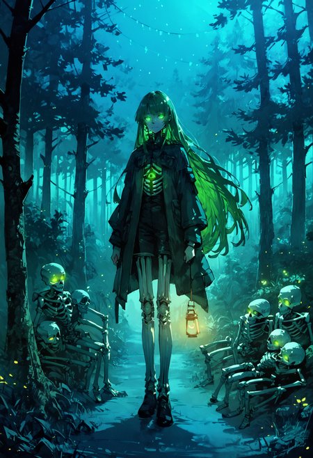 score_9, score_8_up, score_7_up, forest, night, lamp,
((skeleton)), green  eyes, holding lamp, full body, long hair, sceleton legs,glowing eyes,
<lora:Expressive_H:0.3>,  <lora:Xenotrip_v.2:0.3>, <lora:dino:0.4>, <lora:hellsing_ultimate_style:0.6>, <lora:LowKeyLightsPony:0.4>, lowkeylights, <lora:Black_souls_style:0.8>,