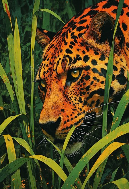 8K, ultra high-resolution wildlife photo, Nikon D850, 500mm f/4 lens, shallow depth of field, soft natural lighting, full detail — close-up of a leopard’s face, partially obscured by tall, vivid green grass, shot from a low angle. The leopard’s intense, golden-yellow eyes pierce through the blades, commanding focus. Its fur is rich golden-yellow with sharply defined black rosettes and spots, rendered in exquisite texture that captures the sleekness and detail of each strand. The black nose pad and visible white whiskers add realism and depth. The long, slender grass blades frame the leopard’s head naturally, enhancing the sense of concealment and tension. The background falls into a soft blur, drawing full attention to the leopard’s face and the interaction between predator and environment. The natural light brings out warm fur tones and vibrant greens, emphasizing the contrast between camouflage and visibility. The composition is intimate and immersive, showcasing the silent alertness of the animal in its wild domain.