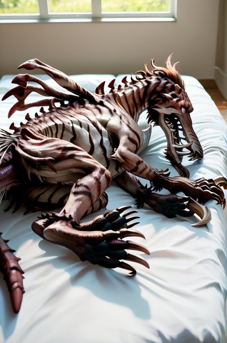 source_furry, score_9, score_8_up, score_7_up, (voretooth_xv, monster, canid, feral), detailed skin, white eyes, teeth, sharp teeth, spikes, claws, tail, <lora:FF_QiongQiPony08:0.8>, indoors, bedroom, on bed, lying on side, head down, seductive eyes, look sleepy, zPDXL2, zPDXLpg, zPDXLrl, shaded, best quality, highly detailed, extreme detail, photorealistic