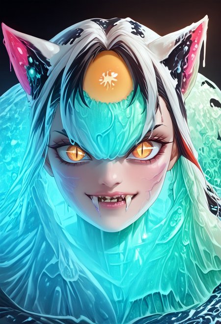Extreme photorealistic, 1GRIL, portrait, cat girl, mesmerizing golden eyes, slit pupils.  34 YEARS OLD, wrinkles, eye focus, glowing eyes, YELLOW EYES, CAT EYES, big eyes, anime eyes, SPLIT-COLOR HAIR, MIX OF WHITE AND BLACK HAIR, MULTICOLORED HAIR, TUSKS, BIG CANINE TEETH. fangs, Fang, BLACK SLIT PUPILS,  streaked hair, body turned, looks at viewer, leather shoulder padding, bangs, (slime-morph:2.3), sl1m3d, made of slime.