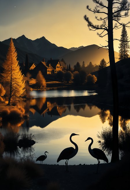 The golden hour lighting up a serene lake in an old, worn village, Ansel Adams style whimsical creatures playing in the garden, Rousseaustyle sky and majestic mountains silhouette against twilight, Intricate linocut landscape with twisted trees and rolling hills, Golden rays of light creating dramatic shadows., 2000s vintage RAW photo, photorealistic, film grain, candid camera, color graded cinematic, eye catchlights, atmospheric lighting, imperfections, natural, shallow dof, High level of detail to create a photographic-like image, focusing on lighting, realistic textures, hyperdetailed.