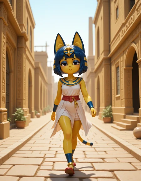 3d CGI Style in a wide shot. Looking at viewer, outdoors in daylight, explicit
She is a 25 year old mature woman, and adult, Defiant with narrowed eyes, a firm stance, and a challenging expression. 
<lora:Animal_Crossing_-_Ankah_V2_000030:1> she is an  egyptian woman with yellow skin, with cat ears. Blue hair in a bob cut with blunt bangs, she is a furry female with a cat tail. Wearing a
Traditional Egyptian-style attire with gold and blue accents, reflecting ancient royalty.
A woman walks along a quiet, cobblestone street in an ancient city, her footsteps echoing as she takes in the charming old buildings and the soft hum of the city around her.