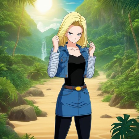 anime artwork a blond woman wears a jean jacket, black tights, a jean miniskirt, beach jungle, touches her hair <lora:Android18-1024:0.8> . anime style, key visual, vibrant, studio anime,  highly detailed