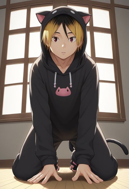 score_9, score_8_up, score_7_up, 1boy, solo, male focus, kenma, blonde hair, multicolored hair, two-tone hair, black hair, brown eyes, bangs, male focus, cat onesie, animal onesie, hoodie, hood up, black animal ears, cat ears, cat costume, animal costume, black clothes, pijama, fluffy clothes, pajama, cat tail, cute, 1dk, portrait, derpibooru_p_95, otoko no ko, detailed eyes, indoors, full body portrait, from below, kneeling on floor, window, cat paws,