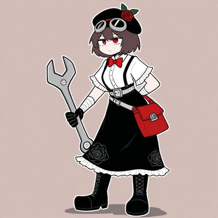 Sentaku-bune, BREAK, 1girl, solo, (tall, broad chest, wide waist, mature, red eyes, brown hair, short hair, black beret, black goggles on head, rose on head, red bow tie, silver belt buckle, white blouse, short sleeves, black skirt, floral skirt, white frills, black gloves, hand wraps, arm wraps, tall boots, black footwear, black suspenders, red pouches, red satchel), standing, holding tool, (huge_metal_wrench), hand behind back), full body, simple background,