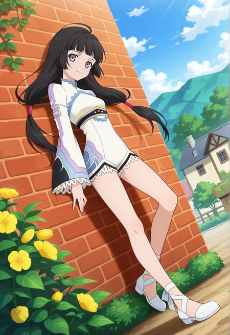floating hair, light smile, yellow leaves, lean back against wall, brick wall, overgrown plants, looking at viewer,
full body, dynamic angle,  
BREAK,
<lora:kohak_illustriousXL_v03:1>
kohakdef, black hair, purple eyes, very long hair, blunt bangs, ahoge, low tied hair, twintails,
white bodysuit, long sleeves, wide sleeves, lace, back cutout, laced sleeves,
bare legs, long legs, white footwear, pointe shoes, flat shoes,, source_anime, very aesthetic, anime coloring, masterpiece, 
best quality, amazing quality, ultra detailed, very aesthetic, 
detailed background, 
BREAK,, village, trees, flowers, clouds, day,