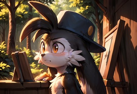 score_9, score_8_up, score_7_up, score_6_up, score_5_up, score_4_up, <lora:Klonoa_Character_PonyXL:0.8> ,  Klonoa, two long ears, fur, anthro, Klonoa, g5, rich colors, forest operations, forest, thicket, communal appearance , presents a painting of rabbits and pony, aroused, front view, detailed background, detailed, 8k quality, side view, beautiful, teasing, easel and brushes, leaned to the floor, freely actions,