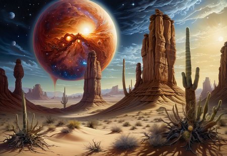masterpiece, top quality, best quality, highly detailed, realistic photo,
A painting exploring the aridness of the desert and the mystery of cosmic wonders. 
Using airbrushing for art, often for smooth gradients, 
<lora:RMSDXL_Enhance:0.8>
<lora:Surreal Harmony:1>
<lora:Unsettling_2.0-000002:1>