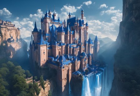 a floating castle in the air, a waterfall flows from the castle to the ground, epic composition, detailed, parts of the castle are made of deep blue crystal, intricate, flying cloud castle, palace floating in the sky, fantasy matte photo, castle in the clouds,  high fantasy matte photo, fantasy matte photo, matte fantasy photo, dreamy matte photo, castles floating in mid air, high fantasy castle, fantasy architecture, an immense floating castle
