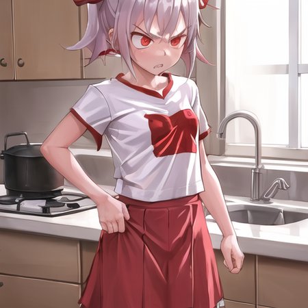 1girl, angry, pulled up t-shirt, kitchen <lora:Fkey:0.7>