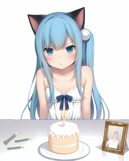 <lora::0.85>Best-A,amashiro_natsuki, nekohashizuku_\(amashiro_natsuki\), paw_in_eyes, 1girl, solo, animal_ears, blue_hair, long_hair, blue_eyes, cat_ears, looking_at_viewer, very_long_hair, sad, hair_ornament, small_breasts, hair_bobbles,nightdress,small_birthday_cake,angry, annoyed, 
nekohashizuku_\(amashiro_natsuki\) is looking at the cake on the table with a sad expression, her blue eyes slightly teary. Her long, very blue hair is adorned with hair bobbles, and her cat ears droop down, indicating her bad mood. The table is scattered with candles, and it seems like everything and nothing has been said at the same time. She is wearing a delicate, white dress with lace trim and a blue ribbon tied around her waist. The indoor environment is simple, adding to the feeling of melancholy. She is sitting with her hands resting on her lap, looking at the viewer as if sharing her sadness.