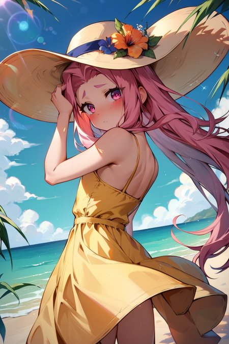score_9, score_8_up, score_7_up, very aesthetic, source_anime, detailed, high quality, beautiful, masterpiece, detailed eyes,
<lora:lightXL:0.8>
beach, ocean, palms, light beams,
<lora:action-sdxl-V0.5:1>zdyna_pose
dynamic angle, upperbody,
 embarassed, blush, adjusting hat, looking at viewer, from behind, looking back,
<lora:arietta_autismConfetti_v01:0.99>flat chest,
1girl, arietta \(tales\), pink hair, pink eyes, very long hair, parted hair, small eyebrows,
yellow sundress, sun hat, bare shoulders,, zPDXL