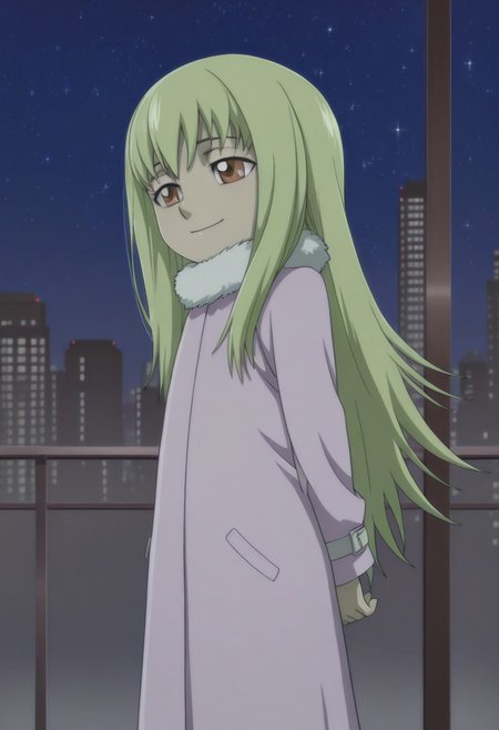 masterpiece,perfect quality,best quality,absolutely eye-catching,absurdres,highres,newest,anime coloring, anime screencap,(1girl,solo),Amber_Child, Child, green hair, brown eyes, long hair, coat, fur collar, smile, standing, city, tokyo, night, skyline, stars, sky, night sky, starry sky