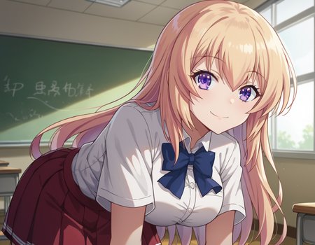 score_9, score_8_up, score_7_up, source_anime,
honamiichinose, <lora:honami-ichinose-s2-ponyxl-lora-nochekaiser:1>
honami ichinose, long hair, blonde hair, purple eyes, hair between eyes,
skirt, bow, school uniform, pleated skirt, bowtie, blue bow, red skirt, collared shirt, white shirt, short sleeves,
indoors, classroom, bent over, smile,
looking at viewer, dutch angle, cowboy shot