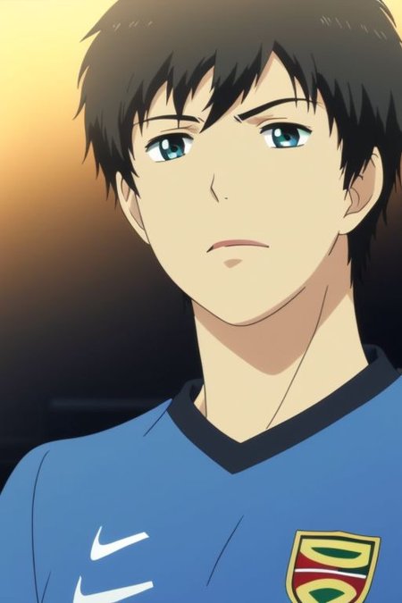 high resolution, solo, best quality, 1Boy, Arata Kaizaki, Portrait, Black Hair, Blue Eyes, soccer player, field, portrait, sport photography, celebration, OverallDetail