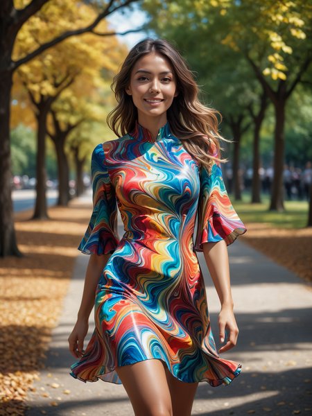 woman wearing a colorful mad-marbled-paper dress walking thorugh park, dynamic_pose, from side, light smile, cinematic shot  <lora:Colorful_Marbled_Paper_SDXL_v2:0.6>, masterpiece, best quality, ultra high res, (photorealistic, realistic:1.2), deep shadow, raw photo, film grain, Fujifilm XT3, 8k uhd, dslr