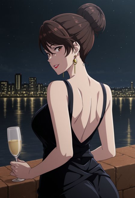 1girl,solo,mm,mature female,earrings,brown hair,brown eyes,lipstick,hair bun,single hair bun,large breasts,anime coloring,
black dress,backless dress,from behind, looking at viewer, looking back, smile,parted lips, holding cup, wine glass, outdoors,night,city lights, 
,masterpiece,best quality,amazing quality,<lora:Saeko_Sonozaki-Fuuto_Tantei-Kamen_Rider_Skull_no_Shouzou:0.8>