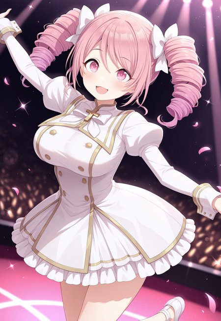 masterpiece,extremely detailed,best quality,amazing quality,newest,absurdres,highres, super detailed skin,1 girl solo,dkpino, pink hair, twin drills, short hair, pink eyes, hair bow, white bow, large breasts, white dress, gold trim, juliet sleeves, wrist cuffs, frilled dress, white bowtie, white shoes,cute, adorable, dancing , (a-pose:1.2),shanimas