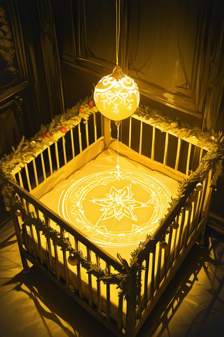 realistic shading, dim lighting, yellow theme, floating magic circle, dacrib, christmas-crib focus, dacrib_christmas ornaments, no humans, carrot, indoors, dark environment, fantasy, dutch angle, dynamic angle, intricately detailed illustration, masterpiece, best quality, amazing quality, very aesthetic, absurdres, newest