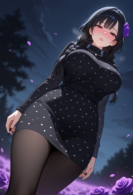masterpiece, best quality, amazing quality, 
1girl, solo, dress, black hair, braid, flower, twin braids, pantyhose, black dress, black pantyhose, outdoors, purple flower, bangs, looking at viewer, long sleeves, long hair, cloud, polka dot dress, tree, sky, cloudy sky, parted lips, petals, polka dot, dutch angle, rose, hair ornament, black nails, standing
,dutch angle, dark background, (night:0.8), blurry background, glowing light particles, depth of field
,nose blush, sweat, steaming body, lips, large breasts,  mature female, <lora:AGM_style_IL_v0.1:1.0>