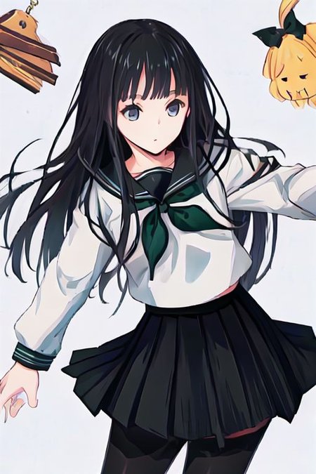 Rinne byuakuya, long hair, black hair, black eyes, small breasts, black serafuku, green necktie, black skirt, pantyhose
