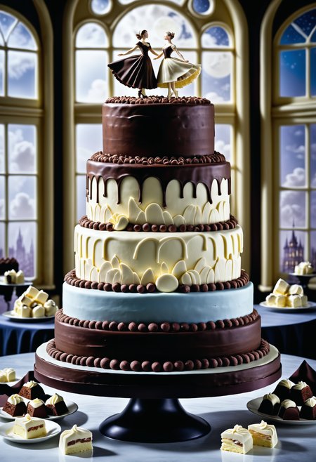 A masterpiece of a giant cake, best quality, ("The dance of moonlight and shadows, a nocturnal ballet, casting enchantment upon the world.":1.3) , Tiffed, inside a Factory, ruled by ruthless criminal corporations, Intimate portraits, humorous situations, capturing the glamour of mid-20th century fashion, staged, great, Jed-ChocoC, chocolate, cereals, <lora:last:0.7>, Jed-whtccae, <lora:WhiteChocoStyle-000005:0.6>, Jed-mrshmlw, <lora:MarshmallowStyle-000007:0.5>, Icing, romantic, illustrious quality, creative, deep rich colors, excellent composition