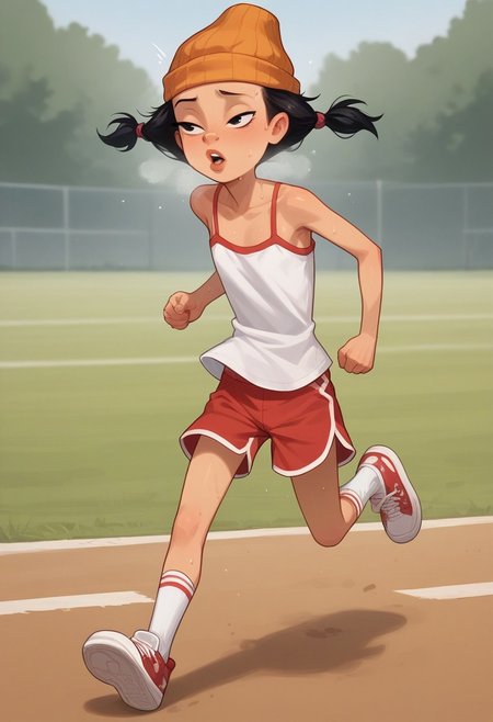 score_8, score_8_up, score_7_up, score_6_up,  source_cartoon, BREAK, 1girl, solo, Ashley_Spinelli, orange beanie,petite, slender body  medium-length, black hair, twintails, almond-shaped, black eyes, full lips, tan skin,,, ,,,,,petite, messy hair, loose top, loose clothes, half closed eyes, heavy sweating, heavy breathing,  motion lines, solo, female focus, white camisole, ((red dolphin shorts)), sneakers, socks, athletics field, running, sprinting, outdoors, full body, flat chest, prefect anatomy,<Lora:Spinelli:1>
