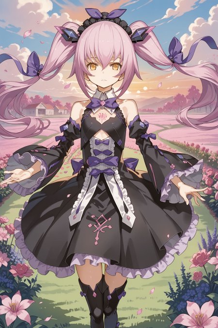 score_max, (score_9, score_8_up, score_7_up:1.0), score_6_up, official art,
, masterpiece, absurdres, high detail, 8k,
garden, flower field, withered flower, petals, wind, orange sky, sunset,
standing, outstretched arms, expressionless, looking at viewer,
ddpsaya, long hair, twintails, headdress, hair ornament, hair bow, collar, bowtie, purple bow, gem, black dress, frills, clothing cutout, bare shoulders, detached sleeves, wide sleeves, thigh boots, heels, tattoo,
<lora:XL_Pony_gomaotsu-saya-t2:1.0>