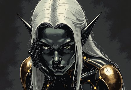 d4rkc0mic, A dark elf female with elegant close-fitting pointed ears, carbon fibre and matte darkcoal skin, striking silver eyes, and long flowing white hair. 

She wears a form-fitting black bodysuit adorned with intricate bronze circuit-like patterns and glowing orbs embedded at key points. 

She sits in a thoughtful pose with one hand with long pointed fingernails supporting her face. Set against a minimalist dark background with subtle shadowy elements. 

Fantasy concept art, highly detailed digital painting, matte painting, dark and cool tones, dramatic lighting highlighting the bronze elements against her dark sculpture form, elegant and mystical atmosphere, dark fantasy aesthetics
