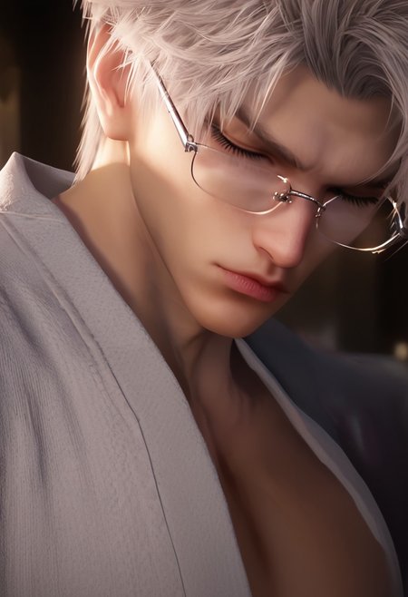 1boy, solo, male focus, toned male, Sylus_(Love_and_Deepspace), Sylus, Qinche, White hair, Red eyes, pale skin, detailed eyes, satisfaction, satisfied, neutral, 
glasses, closed eyes, casual clothes, sleeping, deep sleep, in bed, handsome, golden hour, beautiful light, light flare, 
leg spread, view from bottom, intense shadow, intimidating, chest close to viewer, dark light, no light, shadow, 
looking at viewer, serious,
rating PG, score_9,score_8_up,score_7_up, source_anime, 
male focus, Muscular,
big thigh, big thigh, big chest, hung, manly, tall, detailed eyebrow, sharp eyebrows, focus on thigh, hairy thigh, thigh focus, random view