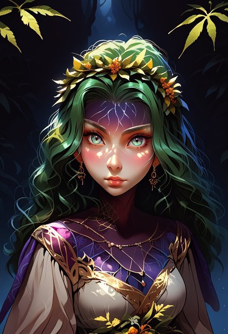 score_9, score_8_up, score_7_up, source_anime, source_cartoon, a detailed portrait of a fierce female warrior, her design inspired by the natural elements of cannabis plants. She has long, flowing green hair resembling cannabis leaves, with intricate patterns of veins running through them. Her armor is very revealing and is made from vines and leaves, featuring shimmering emerald and gold tones that reflect light like trichomes. Her piercing eyes glow with a serene yet powerful intensity. The background is a mystical, foggy forest with giant cannabis plants towering behind her, their leaves gently swaying in the wind. The overall atmosphere is ethereal and earthy, blending nature and strength.