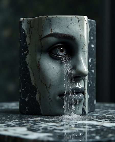 cinematic photo a block of stone, 
into the surface of  left half of the block has been carved a realistic beautiful woman's face, 
from the  eye pours a waterfall to the marble table below
the stone is covered in tiny cracks, the eye is a real photorealistic eye
 <lora:Flux-Marble:1> nero marquina marble . 35mm photograph, film, bokeh, professional, 4k, highly detailed