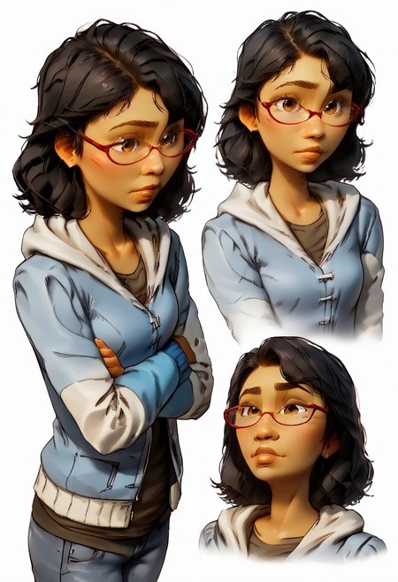 score_9, score_8_up, score_7_up, score_6_up, score_5_up, score_4_up, conceptart,multiple views,white background,simple background,<lora:concept:1>,
Sarah_TWD,brown eyes, black hair, medium hair, dark skinned female,
red frame glasses, blue and white hooded jacket, dark-gray shirt, blue jeans pants, gray boots,
<lora:princess_xl_v1:0.7>, <lora:Expressive_H:0.6>, <lora:incase-ilff-v3-4:0.5>, <lora:MysticalPlantPenetratorPDXL:0.5>, <lora:SarahTWD:1>