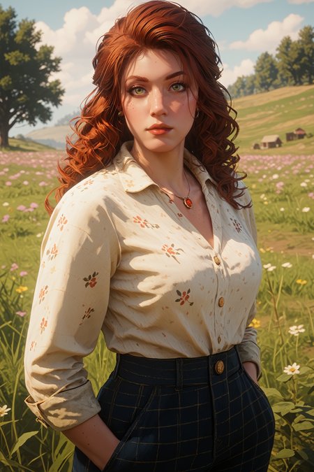 score_9, score_8_up, score_7_up,
<lora:RDR2Molly:0.8>
RDR2Molly, 1girl, red hair, green eyes, long hair, freckles, looking at viewer, standing in a field of lavender, hands in pockets, slight breeze blowing hair, warm golden hour sunlight, serene and peaceful mood