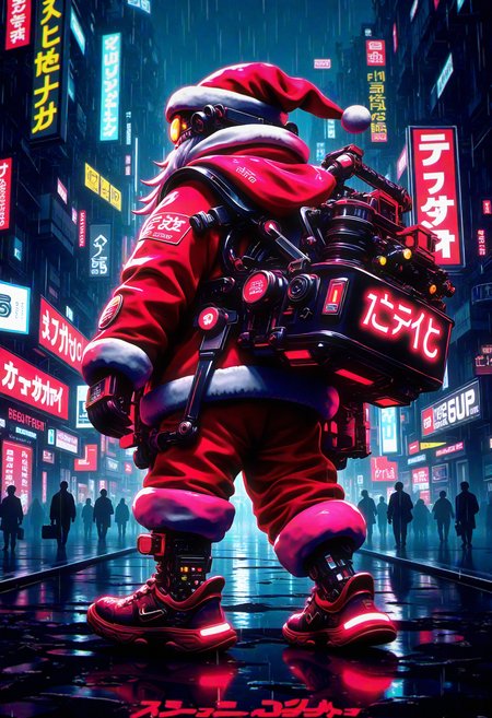 bo-cpposter, high-contrast digital illustration, cyberpunk Santa Claus, glowing neon red suit, cybernetic enhancements, high-tech sleigh, futuristic city, rain-soaked streets, neon signs, gritty urban backdrop, holiday figure, dystopian atmosphere, dark cityscape, futuristic technology, neon reflections, dynamic lighting, sci-fi aesthetics, chrome details, cyberpunk poster. , <lora:Flux\boFLUX Cyberpunk Poster.safetensors:1.4000000000000001:1.4000000000000001>