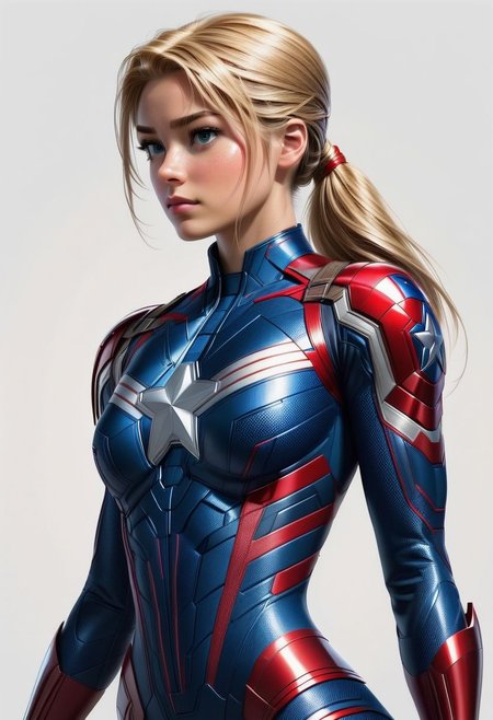 Rapunzel, Captain America, powered futuristic outfit, red and blue suit, ponytail, holding captain america round shield, swept bangs, style of stanley artgerm, white background, simple background