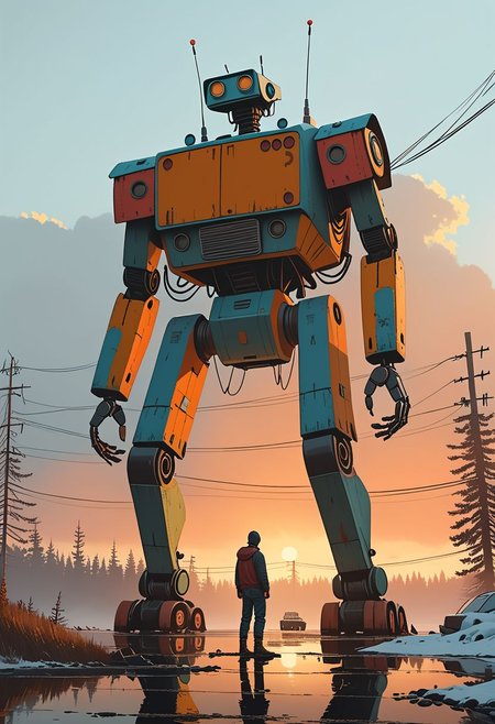 Cinematic, 9:16 shot.
Dynamic view of an ancient goofy 12m tall robot (and a young man in front of it) in Simon Stalenhag's style from a futuristic era, at dusk hour with very long and realistic projected shadows, detailed frame, painting looks to be life like, on the ground, magical multicolored ink, high quality, imagination, fantasy art, vivid magical colors,
Many details everywhere. Ray-Tracing. Anti-Aliasing. Realistic reflections. Realistic soft shadows.
Slightly desaturated colors. 
Insane quality. Insane resolution. Insane details. Masterpiece.
Life-Like Photorealism. 
16k resolution
By Simon Stalenhag.