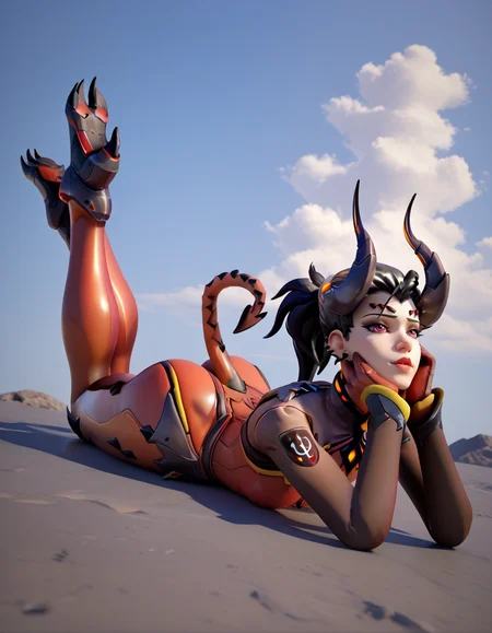 score_9, score_8_up, score_7_up, Masterpiece, high-res, 2k, best quality, 3d, 1girl, mercy (overwatch), devil mercy , black hair , red bodysuit, tail  <lora:Devil_imp_mercy_pony-000040:1> Lying down on the back gazing at the sky