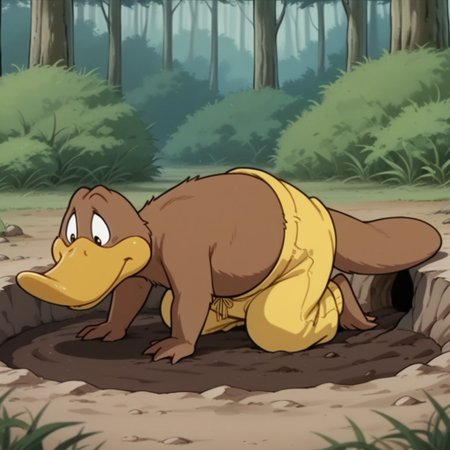 masterpiece, best quality, amazing quality,FlapbbILv2, semi-anthro, male, Platypus, brown fur, duck-billed, webbed feet, webbed fingers, yellow pants, kneeling digging a hole in dirt, forest